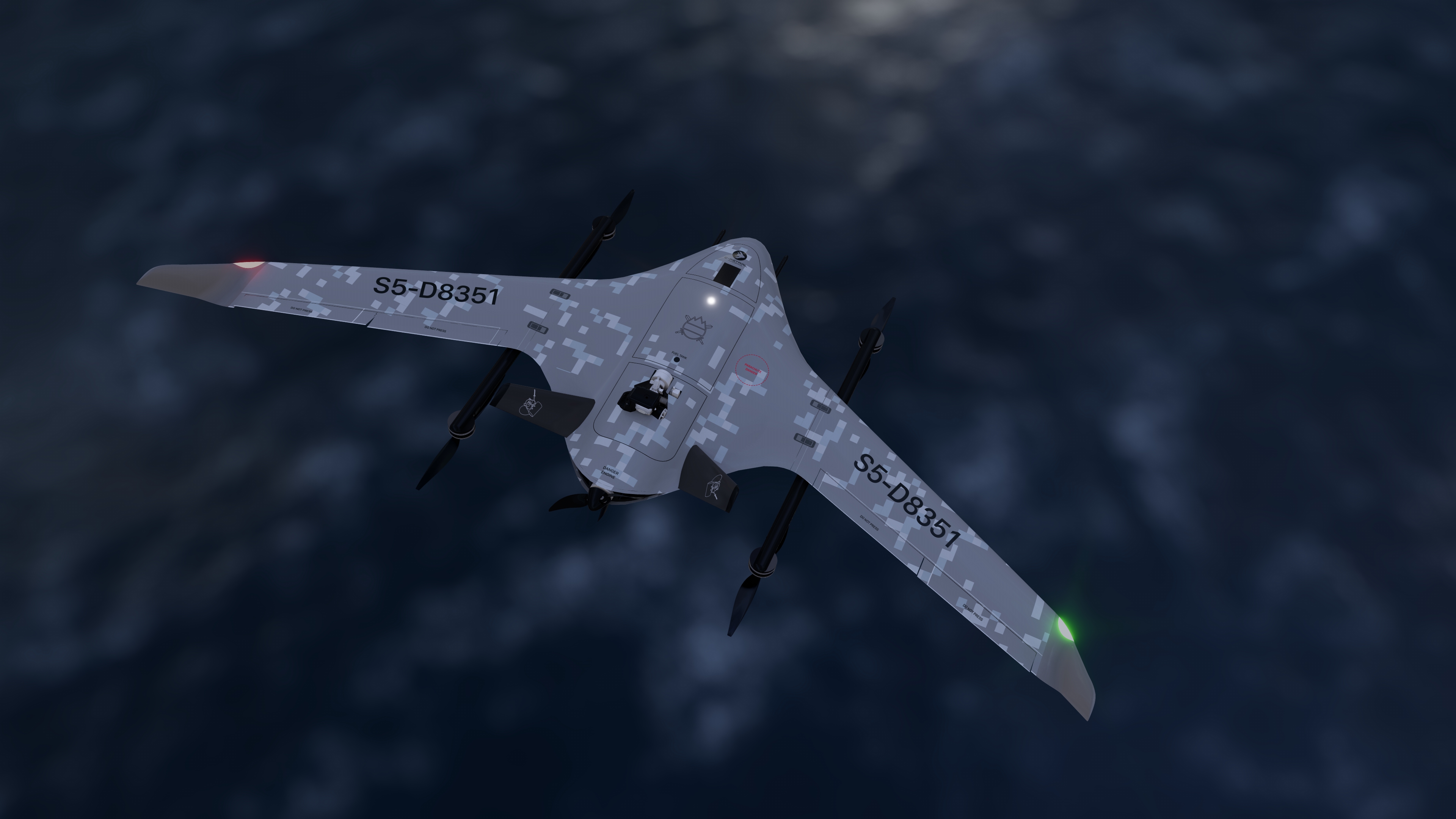 Custom UAS development aircraft flying at night